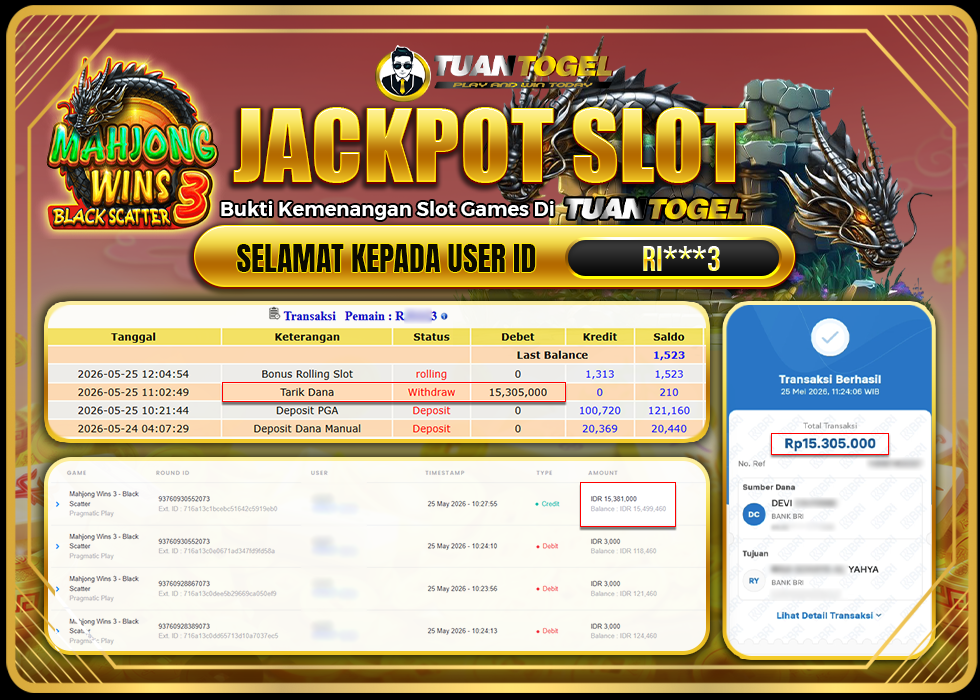 TUANTOGEL JACKPOT SLOT MAHJONG WINS 3 -BLACK SCATTER Rp15.305.000,- LUNAS